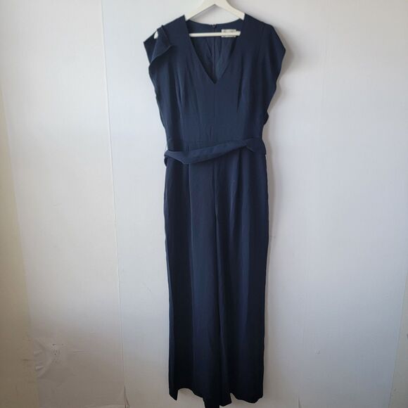 Eliza J womens v-neck jumpsuit size sz 10 Flutter Sleeve Crepe Wide Leg Pockets - Picture 1 of 8